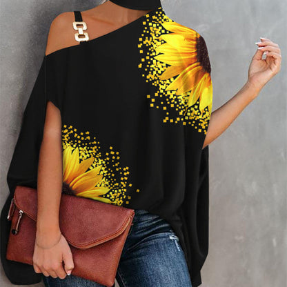 Women’s black one-shoulder printed T-shirt by FitiqueFit, casualwear with stylish design and comfortable fit.