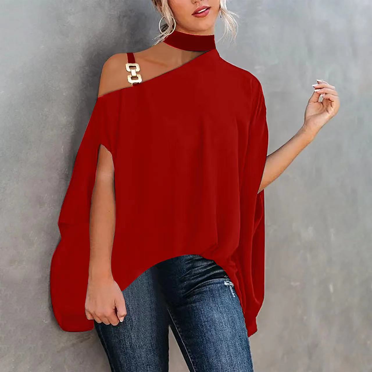 Black women's one-shoulder printed T-shirt from FitiqueFit, casualwear with stylish design and comfortable fit.