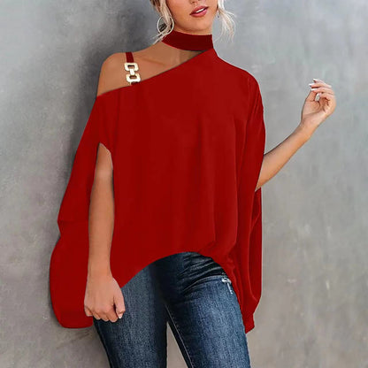 Black women's one-shoulder printed T-shirt from FitiqueFit, casualwear with stylish design and comfortable fit.