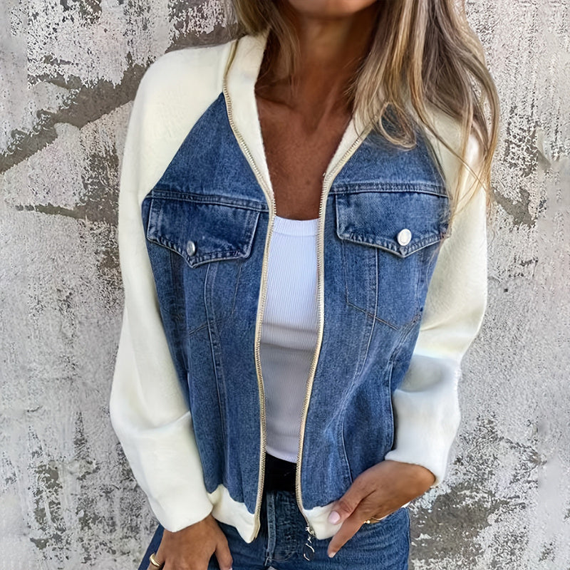 Women's denim patchwork zip-up jacket by FitiqueFit, featuring black and white casualwear with a front zipper and patchwork design.