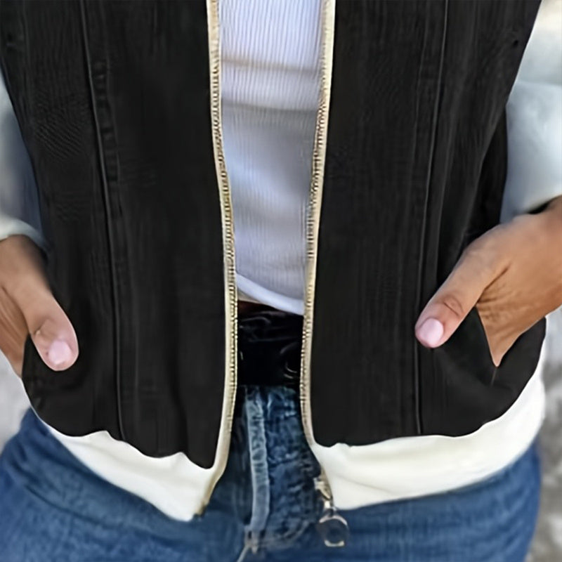 Women's denim patchwork zip-up jacket by FitiqueFit, shown in black and white, casualwear style with front zipper and patch details.