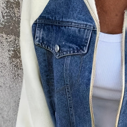 Women's denim patchwork zip-up jacket by FitiqueFit, featuring a black and white casualwear design with front zipper closure.