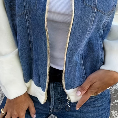 Women's denim patchwork zip-up jacket by FitiqueFit, featuring black and white casualwear with front zipper and stylish patchwork design.