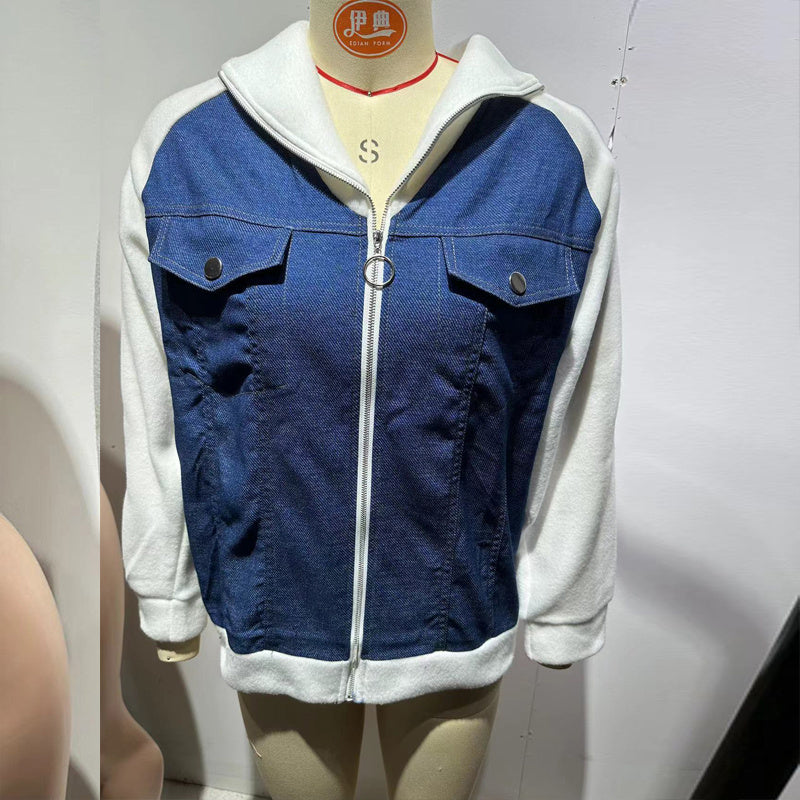 Women's denim patchwork zip-up jacket by FitiqueFit, featuring black and white casual denim with front zipper detail.