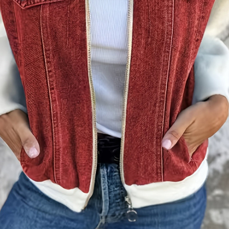 Women’s denim patchwork zip-up jacket by FitiqueFit, casualwear black and white denim with front zipper and patch details.