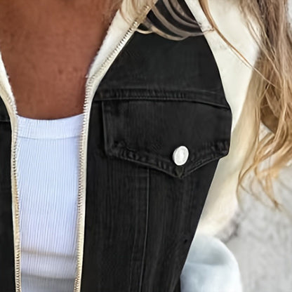 Women's denim patchwork zip-up jacket by FitiqueFit, featuring black and white casualwear with front zipper and patch design.