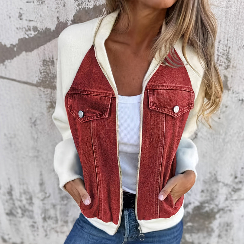 Women's denim patchwork zip-up jacket by FitiqueFit, casualwear, featuring black and white denim patches, front zipper, and stylish design.