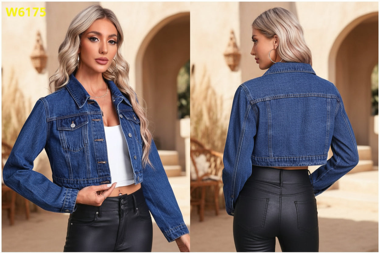 Women's FitiqueFit long sleeve denim jacket in mid-blue with a flip collar, perfect for streetwear style.