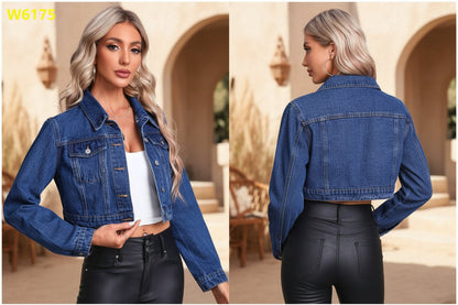 Women's FitiqueFit long sleeve denim jacket in mid-blue with a flip collar, perfect for streetwear style.