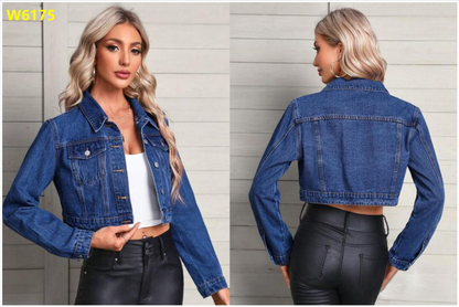Women's long sleeve denim jacket by FitiqueFit with a mid-blue wash, streetwear style, flip collar, and classic jean jacket design.