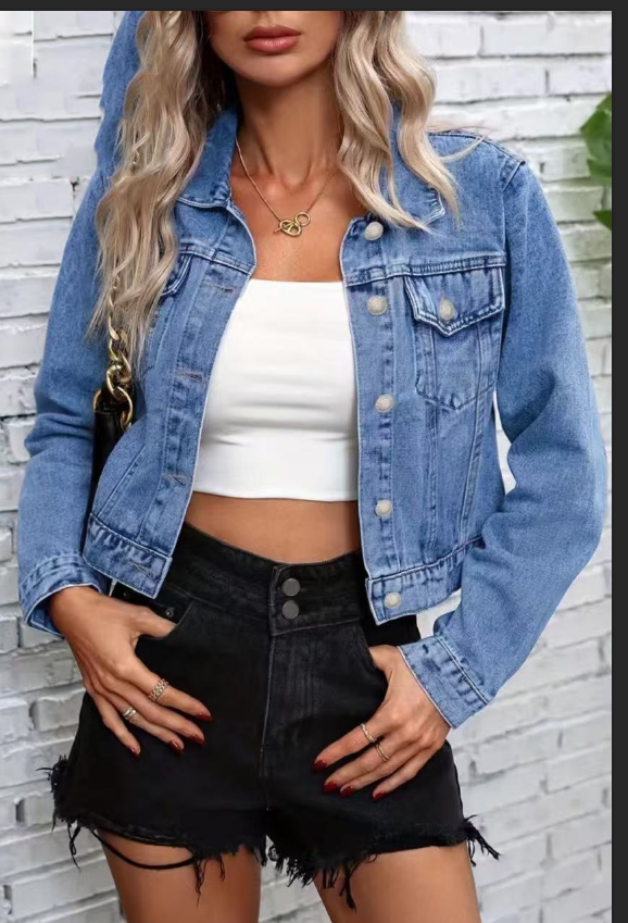 Women's long sleeve denim jacket by FitiqueFit with mid-blue color, streetwear style, flip collar, casual jean jacket for women