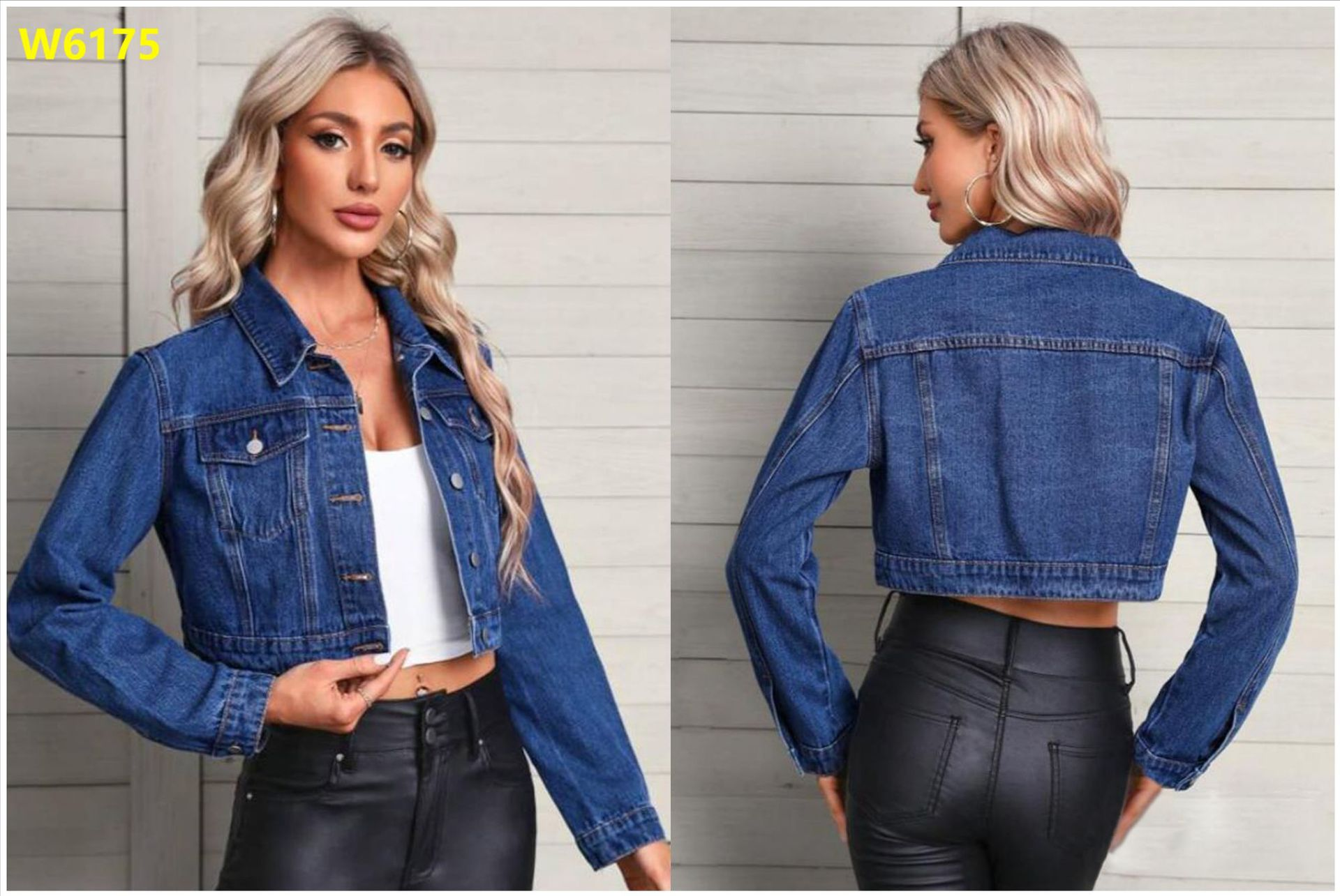 Women's FitiqueFit denim jacket with long sleeves, mid-blue wash, flip collar, streetwear style, casual jean jacket for women