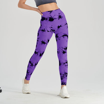 Women’s seamless tie-dye yoga pants by FitiqueFit, black and blue high-waist knitted leggings for activewear and yoga.