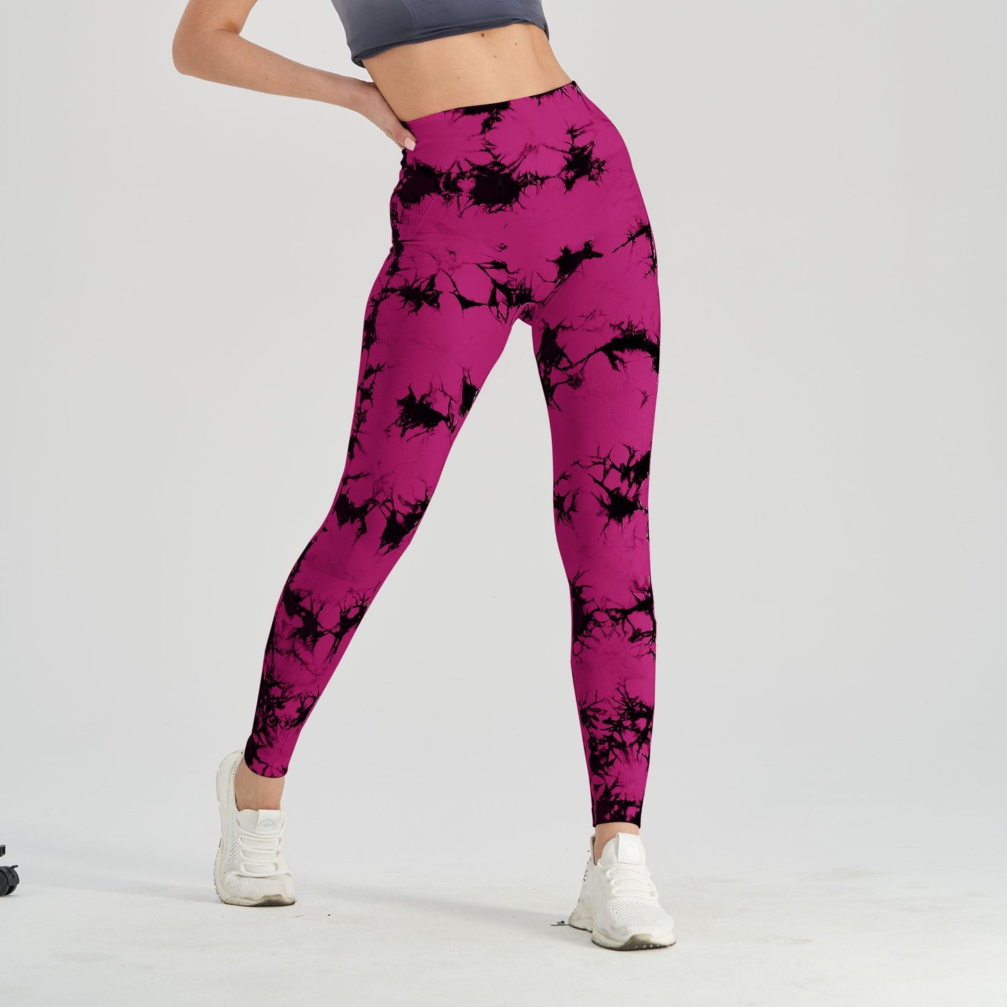 Women's seamless tie-dye yoga leggings by FitiqueFit, black and blue knitted high-waist leggings for comfortable active wear.