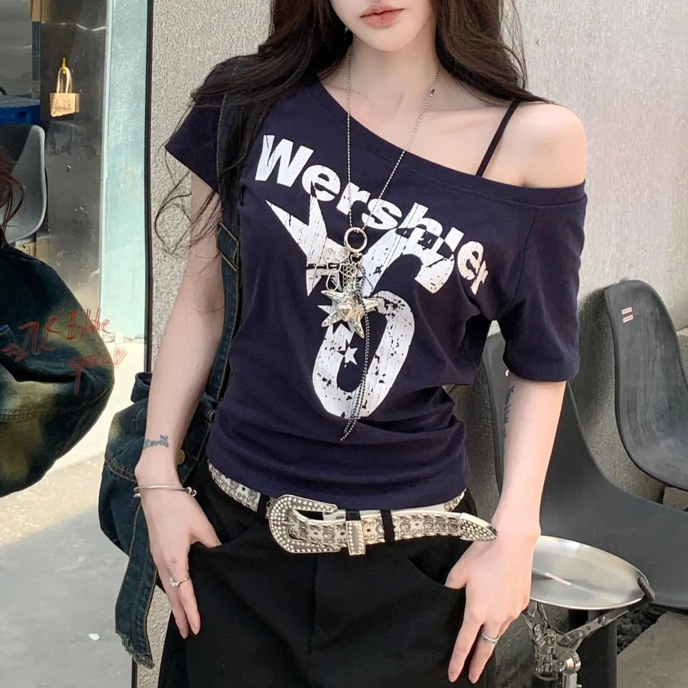 Yellow women's summer letter print T-shirt from FitiqueFit streetwear, featuring a casual design with bold letter graphics.