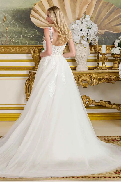 Multiple beaded spaghetti straps silk bias tape fitted wedding gown w detachable overskirt GLGL3654