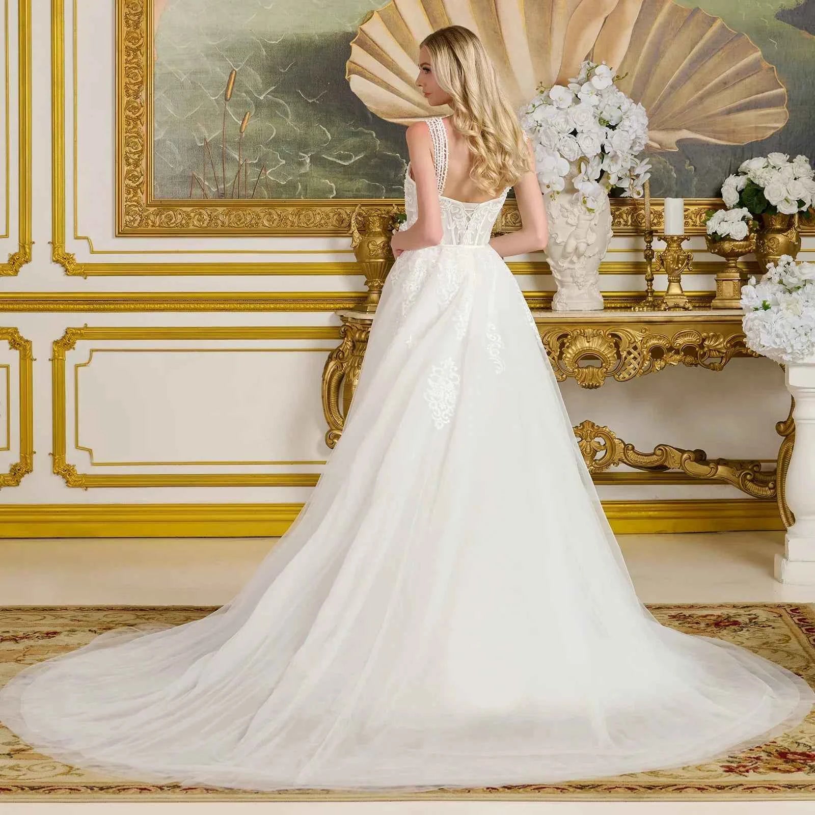 Multiple beaded spaghetti straps silk bias tape fitted wedding gown w detachable overskirt GLGL3654