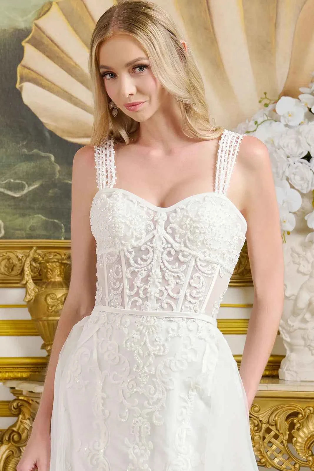 Multiple beaded spaghetti straps silk bias tape fitted wedding gown w detachable overskirt GLGL3654