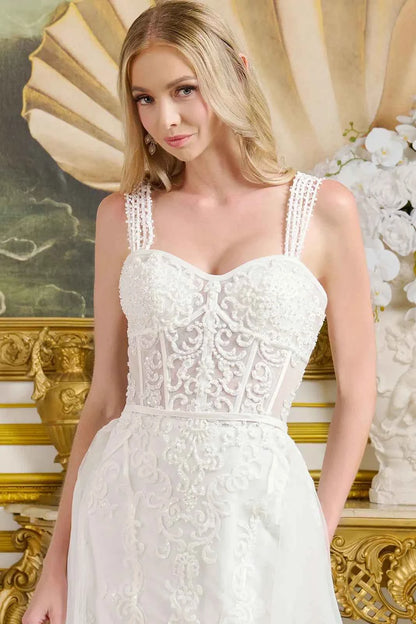 Multiple beaded spaghetti straps silk bias tape fitted wedding gown w detachable overskirt GLGL3654
