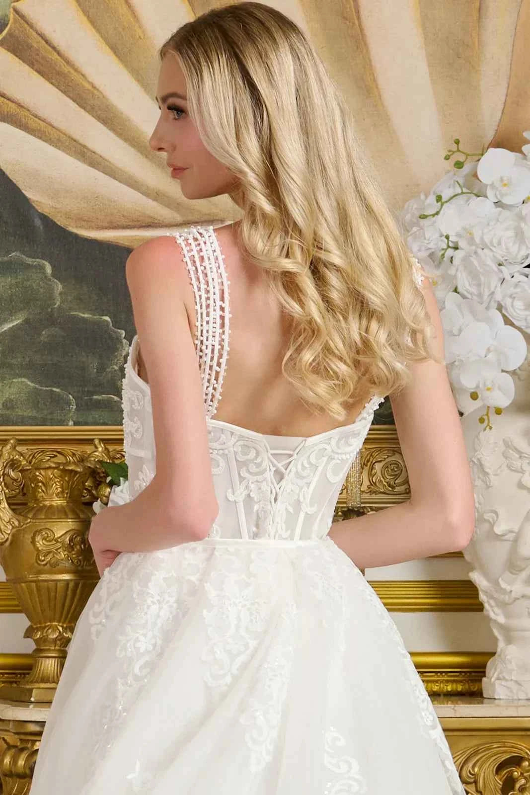 Multiple beaded spaghetti straps silk bias tape fitted wedding gown w detachable overskirt GLGL3654
