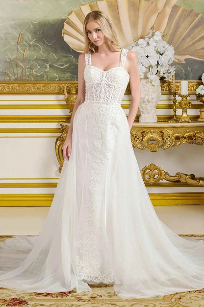 Multiple beaded spaghetti straps silk bias tape fitted wedding gown w detachable overskirt GLGL3654