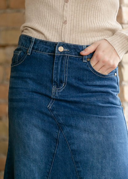Inherit Co. Jennifer A-Line Long Denim Skirt, stylish blue denim skirt with a flattering A-line silhouette, full length.