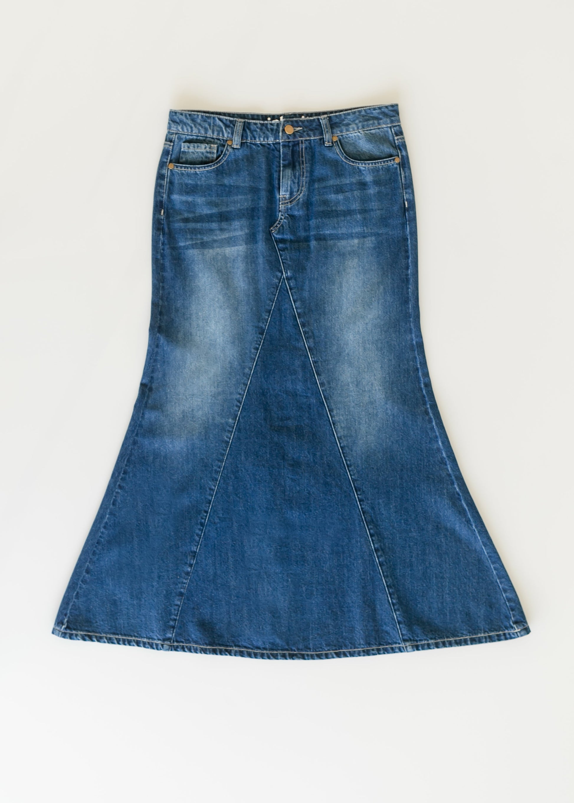 Inherit Co. Jennifer A-Line Long Denim Skirt, stylish blue denim skirt with a flattering A-line silhouette and classic design.