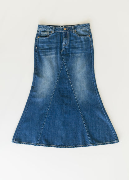 Inherit Co. Jennifer A-Line Long Denim Skirt, stylish blue denim skirt with a flattering A-line silhouette and classic design.
