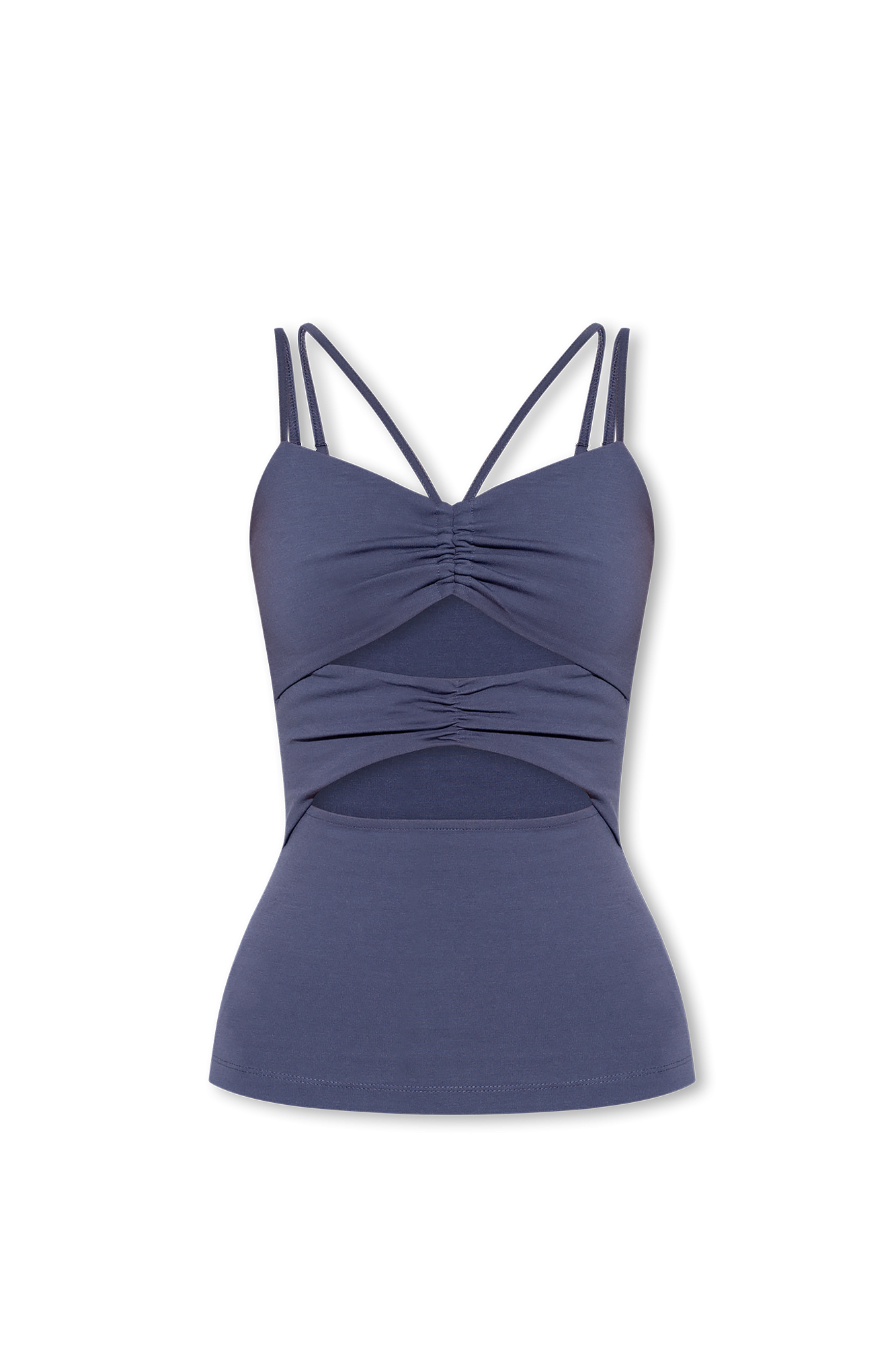 Dark blue Samsoe Mona draped cut-out sleeveless top by Jade Ajax, featuring a stylish tank top design and elegant draping.