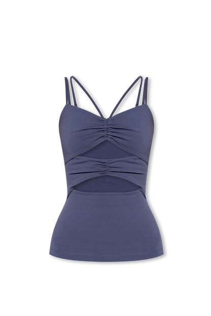 Dark blue Samsoe Mona draped cut-out sleeveless top by Jade Ajax, featuring a stylish tank top design and elegant draping.