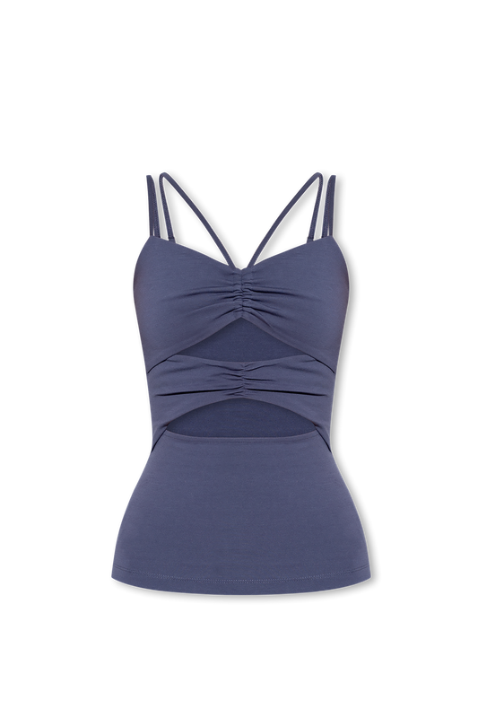 Dark blue Samsoe Mona draped cut-out sleeveless top by Jade Ajax, featuring a stylish tank top design and elegant draping.