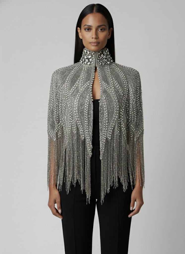 L'Jai Amor Argenté Cascade Cape featuring shiny silver fabric and elegant drape, stylish jacket or coat for sophisticated looks.