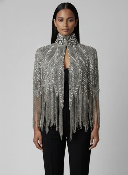 L'Jai Amor Argenté Cascade Cape featuring shiny silver fabric and elegant drape, stylish jacket or coat for sophisticated looks.