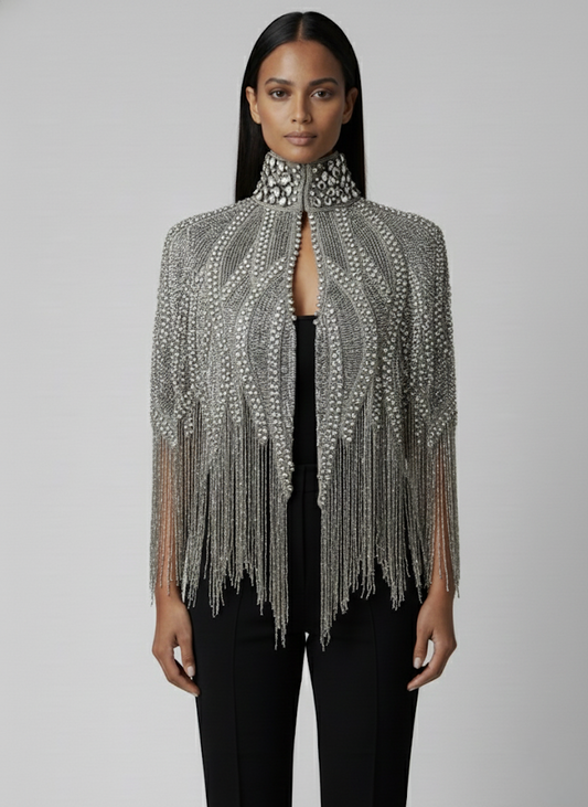 L'Jai Amor Argenté Cascade Cape featuring shiny silver fabric and elegant drape, stylish jacket or coat for sophisticated looks.