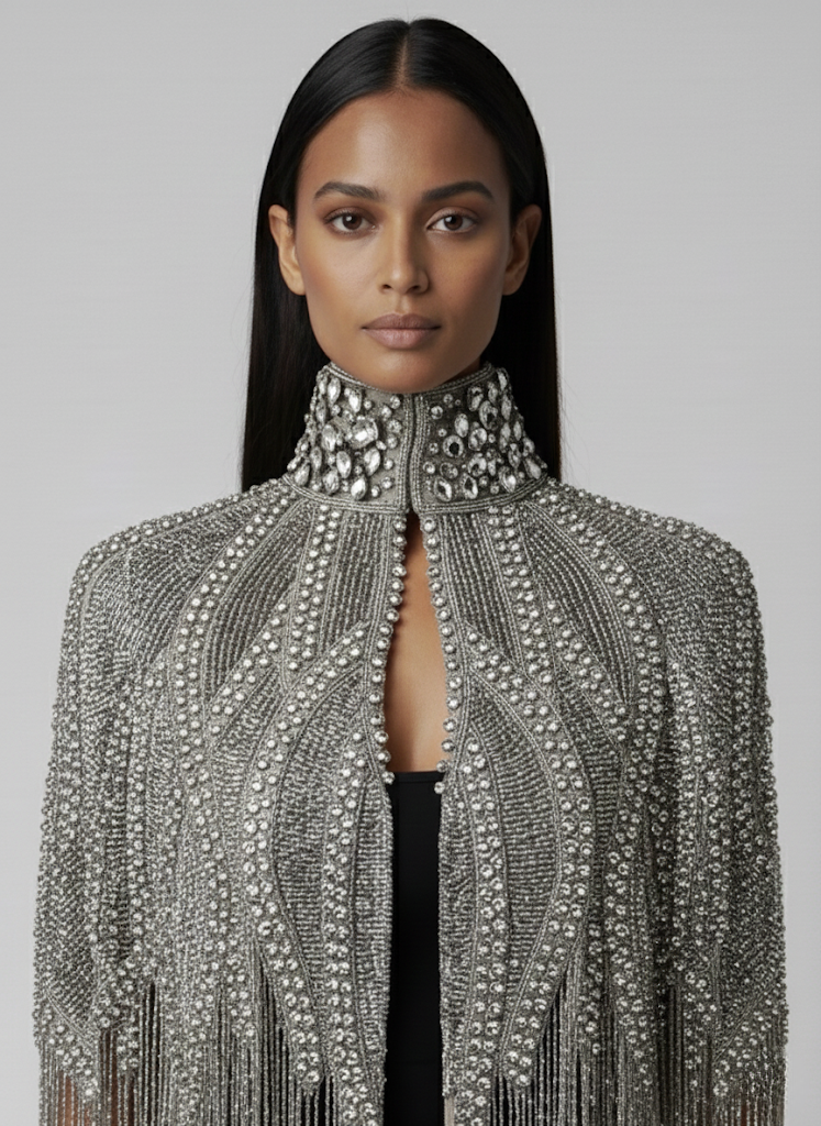 L'Jai Amor Argenté Cascade Cape showcasing silver-toned fabric and elegant drape, perfect for stylish jackets and coats.