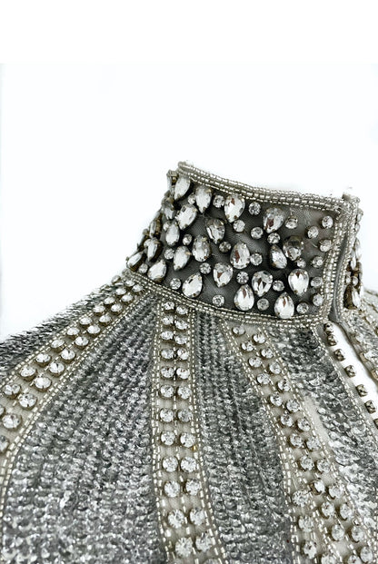 L'Jai Amor Argenté Cascade Cape in silver, stylish jacket with flowing design, perfect for elegant winter wear.