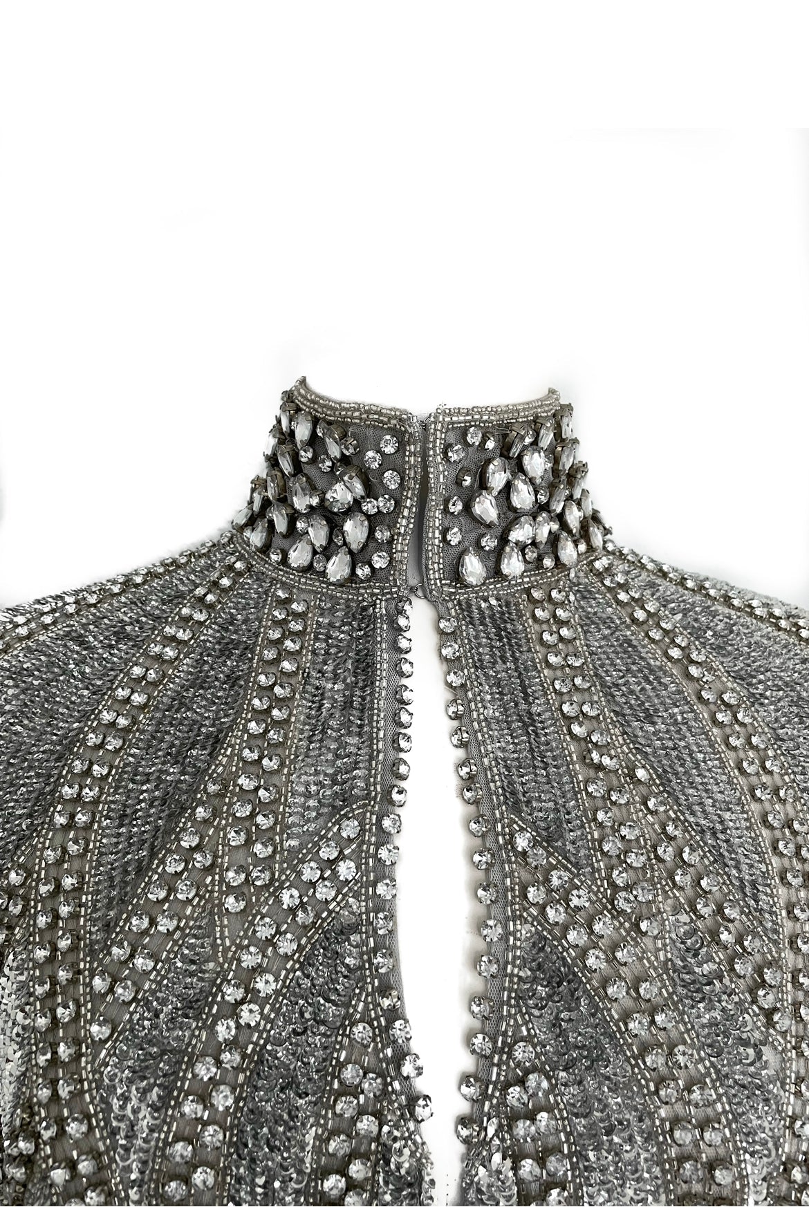 L'Jai Amor Argenté Cascade Cape, stylish silver jacket with flowing design, perfect for elegant winter wear.