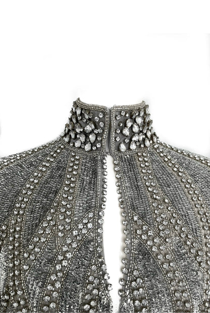 L'Jai Amor Argenté Cascade Cape, stylish silver jacket with flowing design, perfect for elegant winter wear.