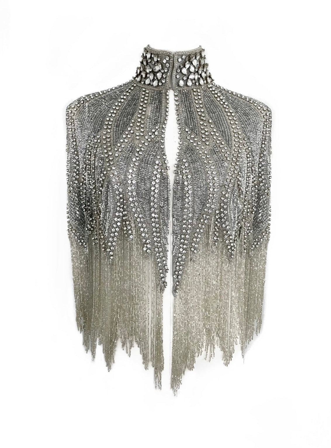 Argenté Cascade Cape by L'Jai Amor, elegant silver jacket with flowing design, perfect for stylish outerwear.