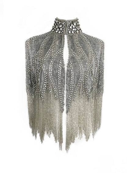 Argenté Cascade Cape by L'Jai Amor, elegant silver jacket with flowing design, perfect for stylish outerwear.
