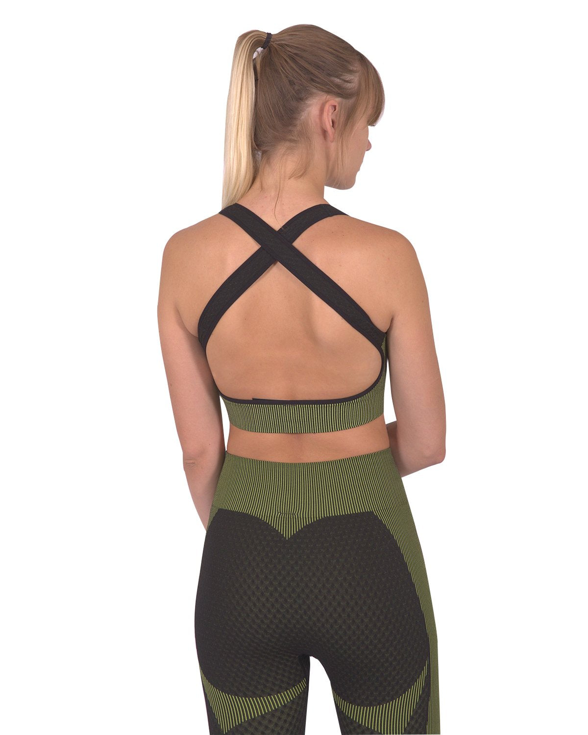 Lazurite Trois Seamless Sports Bra in black with green accents, activewear for comfortable support during workouts.