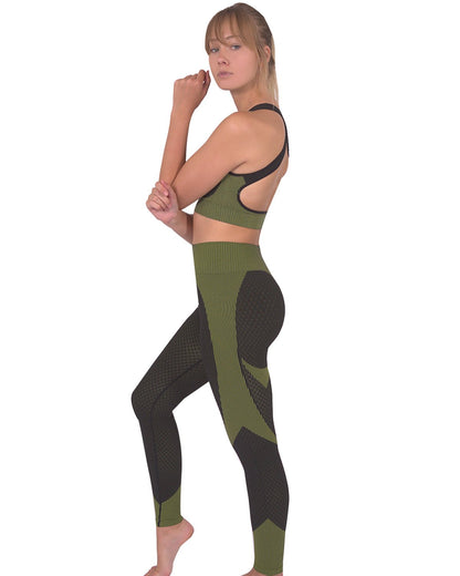 Lazurite Trois Seamless Sports Bra in black with green accents, designed for activewear and athletic support.