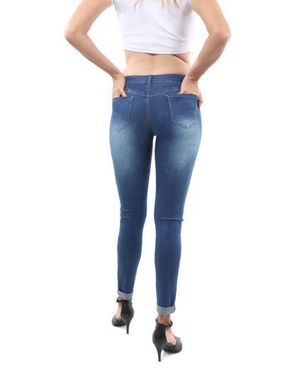 Lazurite Wallace Skinny Jeans for women in navy, fitted denim with classic five-pocket design and button closure.
