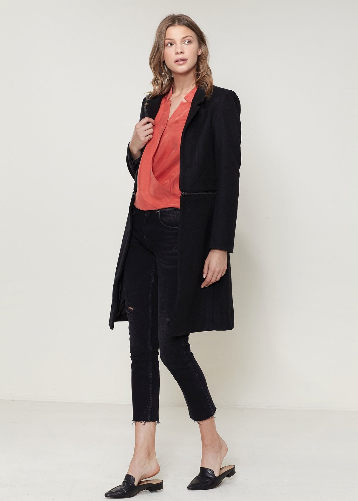 Women's black wool-blended open front jacket by Lemon Hera, stylish and cozy outerwear for cold weather.