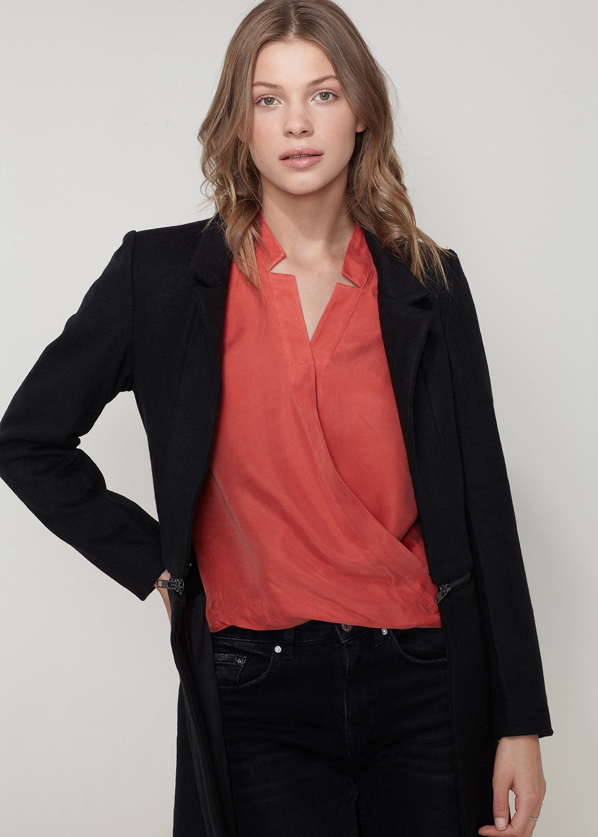 Women's black wool-blended open front jacket by Lemon Hera, showcasing a stylish, cozy outerwear piece with a relaxed fit.