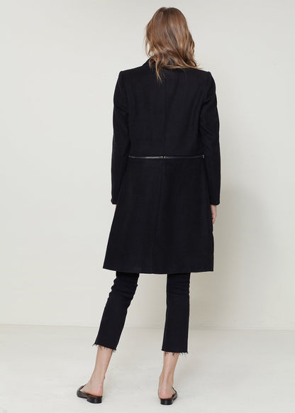 Women’s black wool-blended open front jacket by Lemon Hera, stylish outerwear with a relaxed fit and cozy texture.