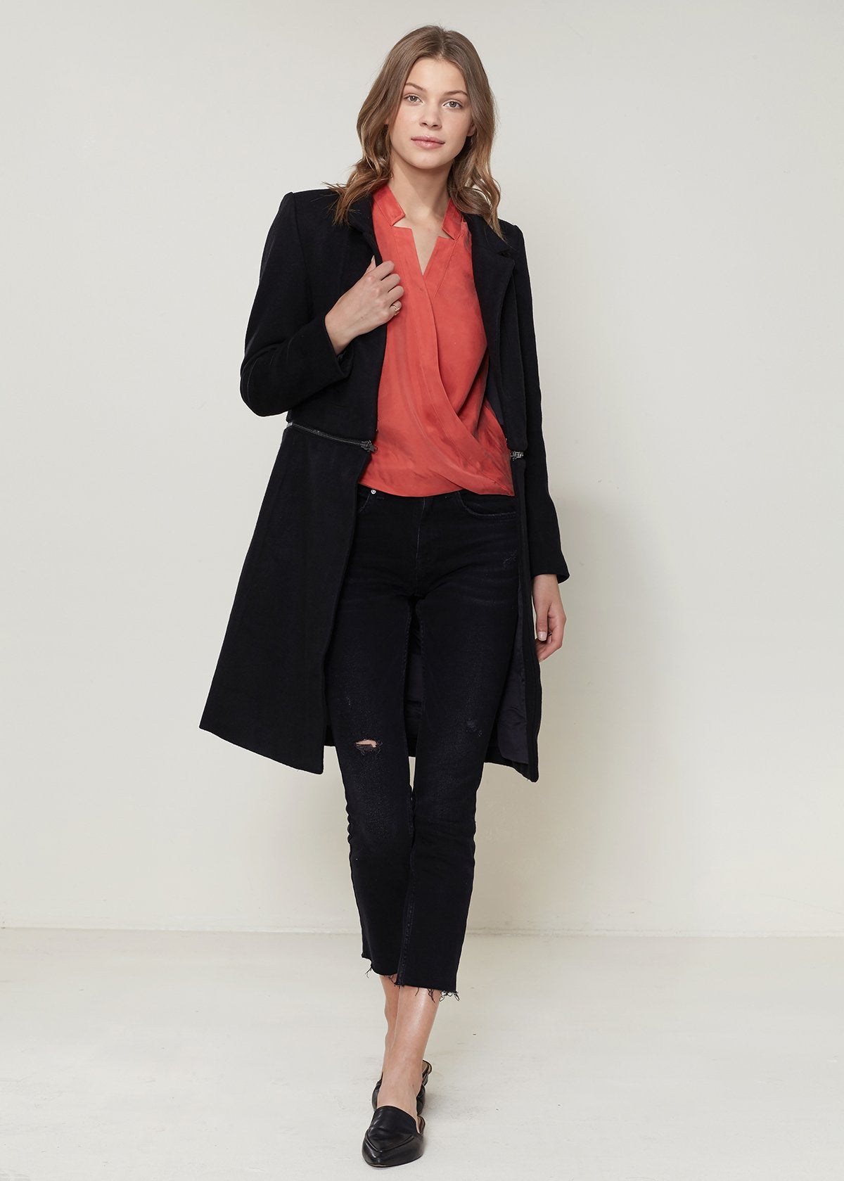 Women's black wool-blended open front jacket from Lemon Hera, stylish and cozy outerwear for versatile fall and winter looks.
