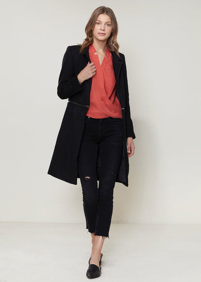 Women's black wool-blended open front jacket from Lemon Hera, stylish and cozy outerwear for versatile fall and winter looks.