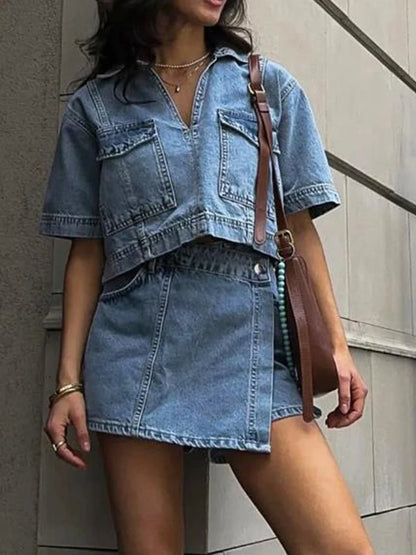 Women’s denim 2-piece streetwear set with short sleeve lapel jean top and asymmetrical shorts, stylish and casual.