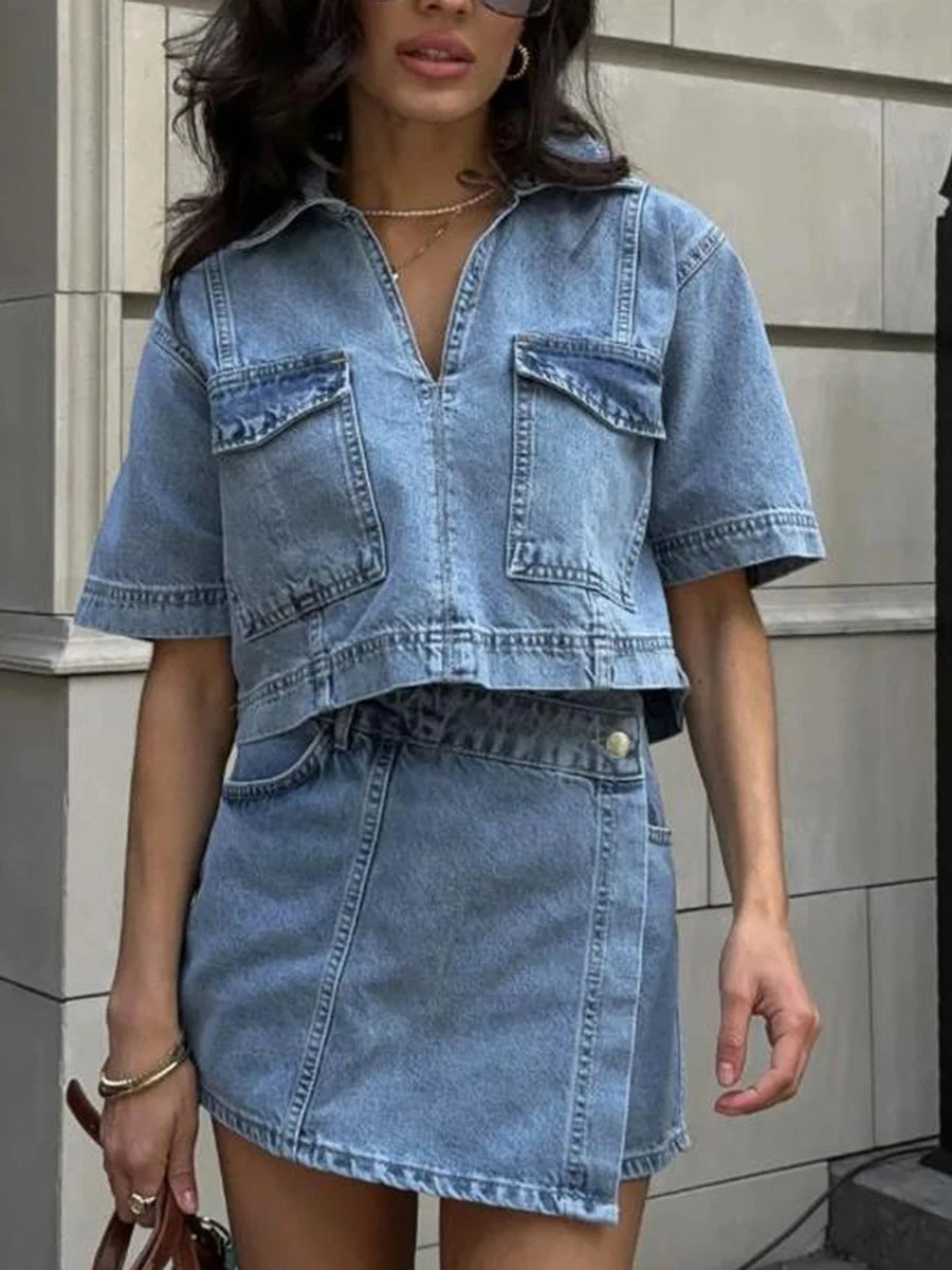 Women's 2-piece denim streetwear set with short sleeve lapel jean top and asymmetrical denim shorts, stylish and casual.